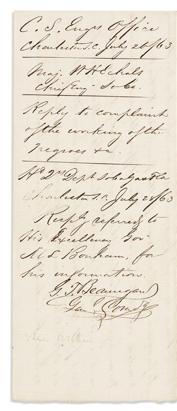 (SLAVERY & ABOLITION.) Pair of letters regarding enslaved laborers on the defenses of Charleston--one endorsed by General Beauregard.